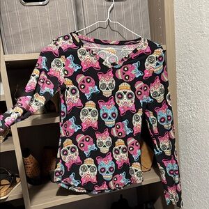 No Boundaries Skull Print Long Sleeve Shirt - Pink, Blue, Cream on Black